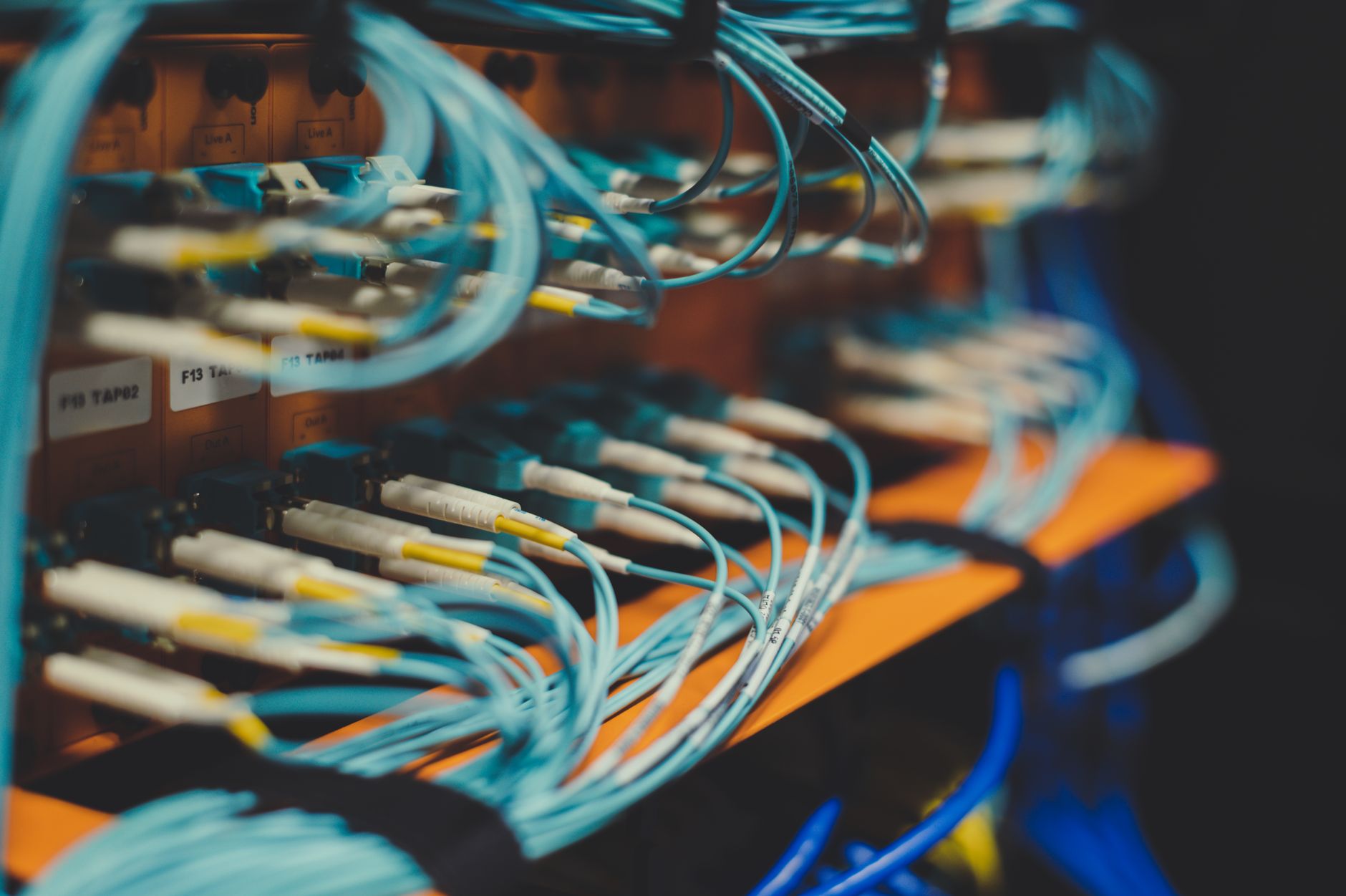 Niebieskie przewody sieciowe podłączone do przemysłowego switcha Ethernet