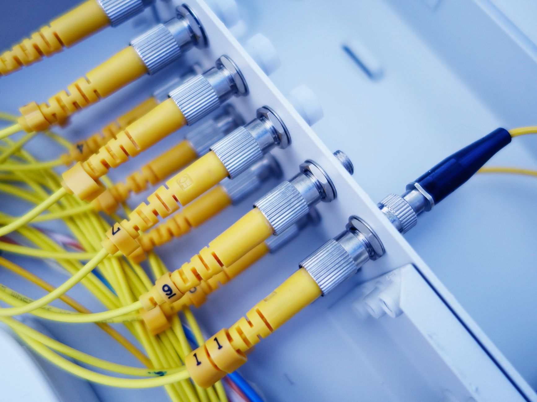 Żółte światłowody w serwerze sieciowym w przemysłowej sieci Ethernet